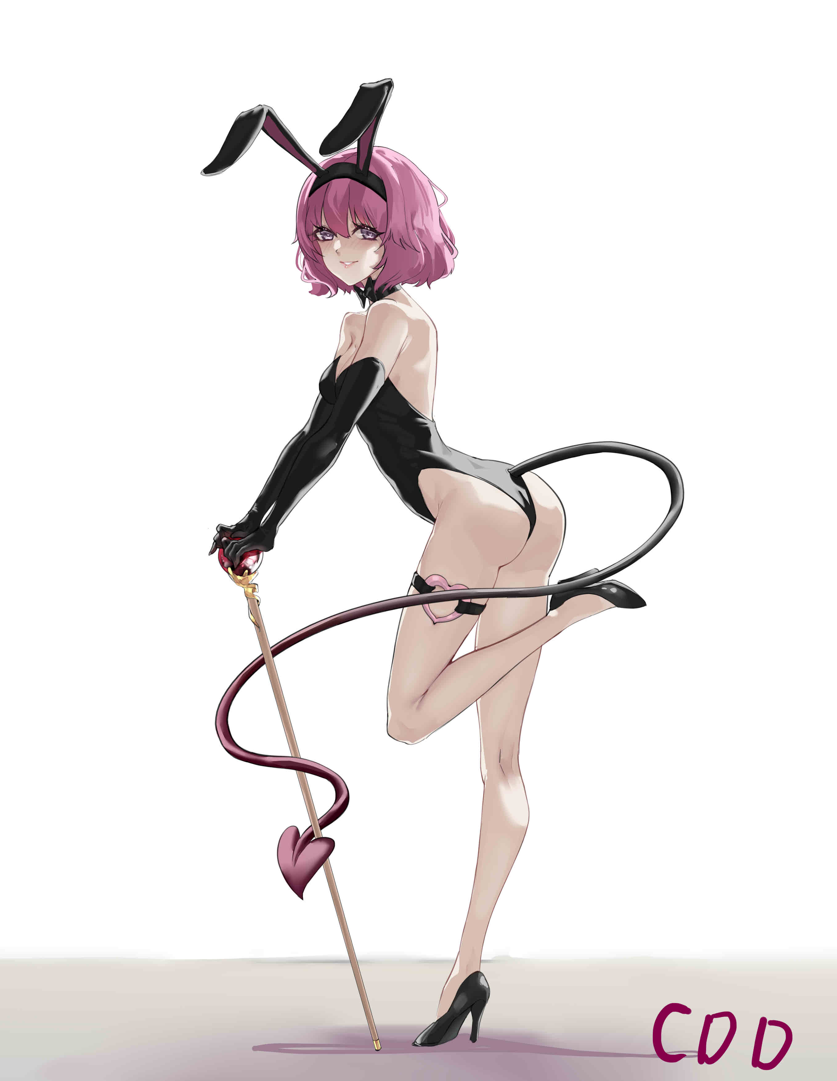 cou di di, momo velia deviluke, to love-ru, to love-ru darkness, absurdres, chinese commentary, commentary, highres, 1girl, alternate costume, animal ear hairband, animal ears, armpit crease, ass, bare shoulders, black bow, black bowtie, black choker, black gloves, black hairband, black leotard, black shoes, blush, bow, bowtie, breasts, cane, choker, cleavage, demon girl, demon tail, elbow gloves, eyelashes, eyes visible through hair, fake animal ears, foot up, from behind, full body, gloves, hair between eyes, hairband, heart, heart o-ring, high heels, highleg, highleg leotard, holding, holding cane, kneepits, legs, leotard, looking at viewer, medium breasts, medium hair, no socks, o-ring, o-ring thigh strap, parted lips, pink hair, pink lips, playboy bunny, purple eyes, rabbit ears, seductive smile, shoes, sidelighting, simple background, smile, solo, standing, standing on one leg, strapless, strapless leotard, tail, thigh strap, thighs, white background