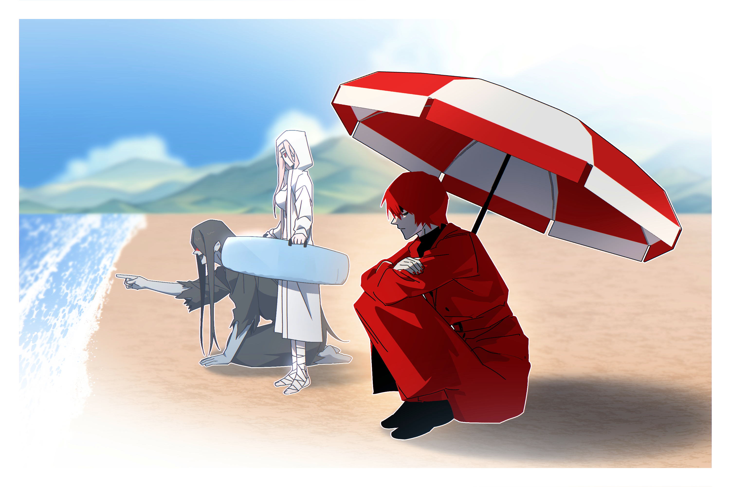 bbabbamis2, adashino adami, mr. crawling, mr. scarletella, homicipher, commentary request, highres, korean commentary, 1girl, 2boys, beach, beach umbrella, black hair, black kimono, coat, crossed arms, japanese clothes, kimono, knees up, long hair, looking to the side, mountainous horizon, multiple boys, outdoors, pink hair, pointing, raincoat, red coat, red hair, shore, short hair, sitting, umbrella, very long hair, water, white raincoat