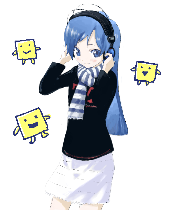 yukipone, kisaragi chihaya, idolmaster, idolmaster (classic), idolmaster 1, 00s, 1girl, blue eyes, blue hair, female focus, headphones, matching hair/eyes, scarf, solo, striped clothes, striped scarf