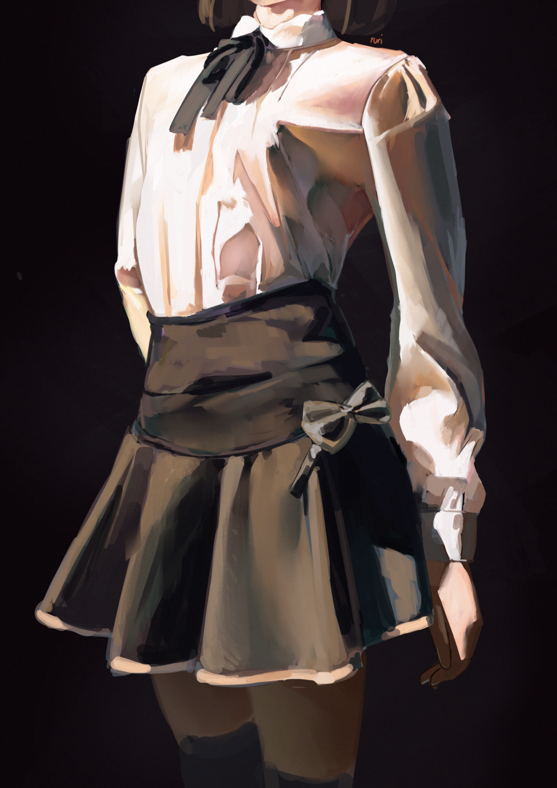 rurikon, original, highres, 1girl, black background, black hair, black ribbon, black skirt, high-waist skirt, long sleeves, ribbon, shirt, shirt tucked in, skirt, solo, white shirt