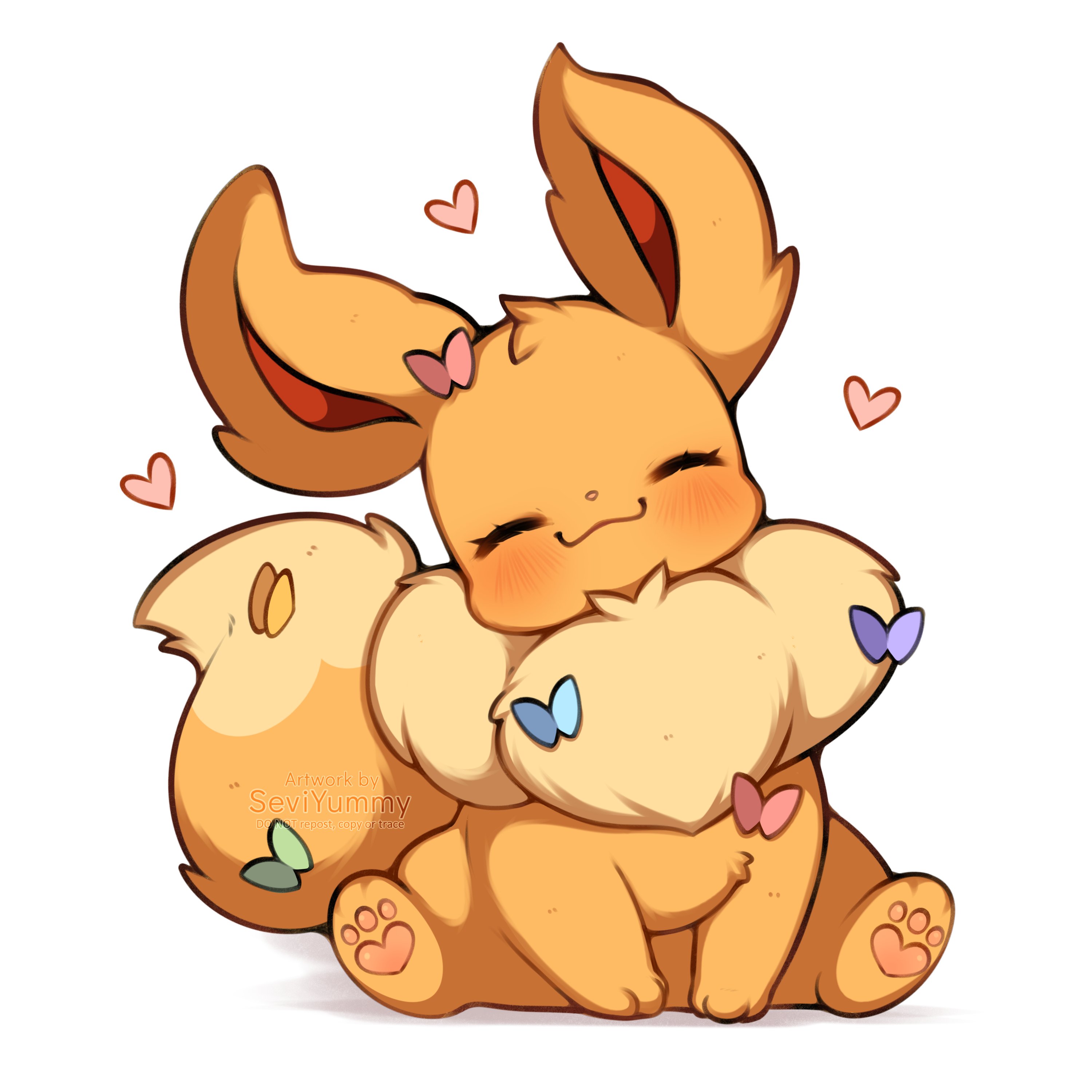 sevi (seviyummy), eevee, nintendo, pokemon, absurdres, highres, animal focus, blush, brown fur, bug, butterfly, closed eyes, closed mouth, fluffy, full body, gen 1 pokemon, happy, insect, no humans, pokemon (creature), pokemon focus, simple background, smile, tail, white background