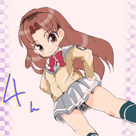 kojima tsuma, amatsuka hikaru, baby princess, lowres, 10s, bow, brown eyes, brown hair, long hair, school uniform, serafuku, smile, socks, solo