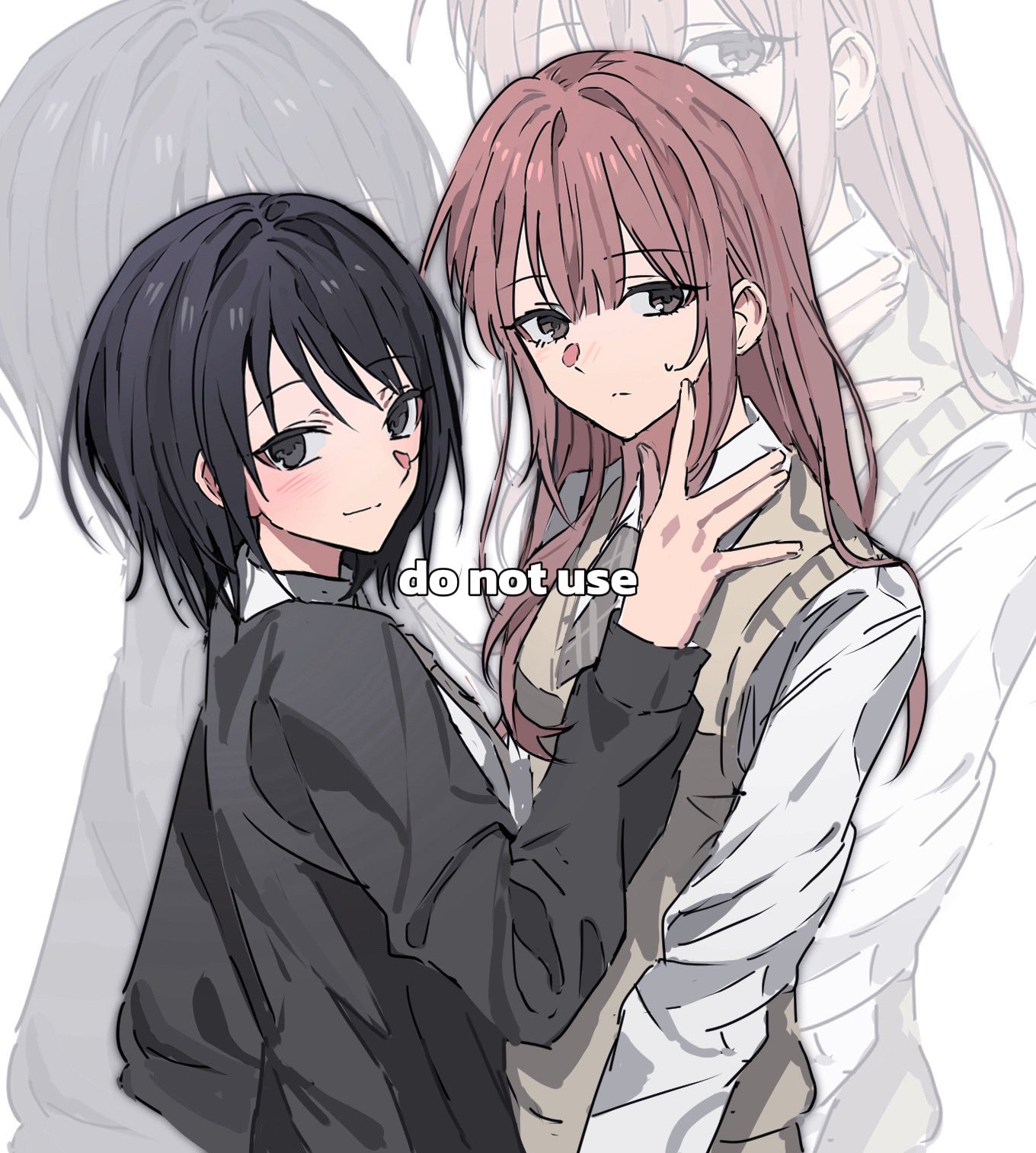 helstromo53619, naoi (zenbu kowashite jigoku de aishite), yoshizawa kurumi, zenbu kowashite jigoku de aishite, commentary, hashtag-only commentary, highres, 2girls, black eyes, black hair, black sweater, brown eyes, brown hair, brown sweater vest, long hair, multiple girls, school uniform, shirt, short hair, sidelocks, sweater, sweater vest, white shirt, yuri, zoom layer