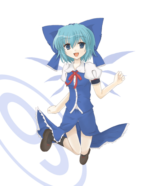 lilac (artist), lilac (p-f easy), rairakku, cirno, phantasmagoria of flower view, touhou, 1girl, black socks, bow, circled 9, female focus, full body, simple background, smile, socks, solo, white background