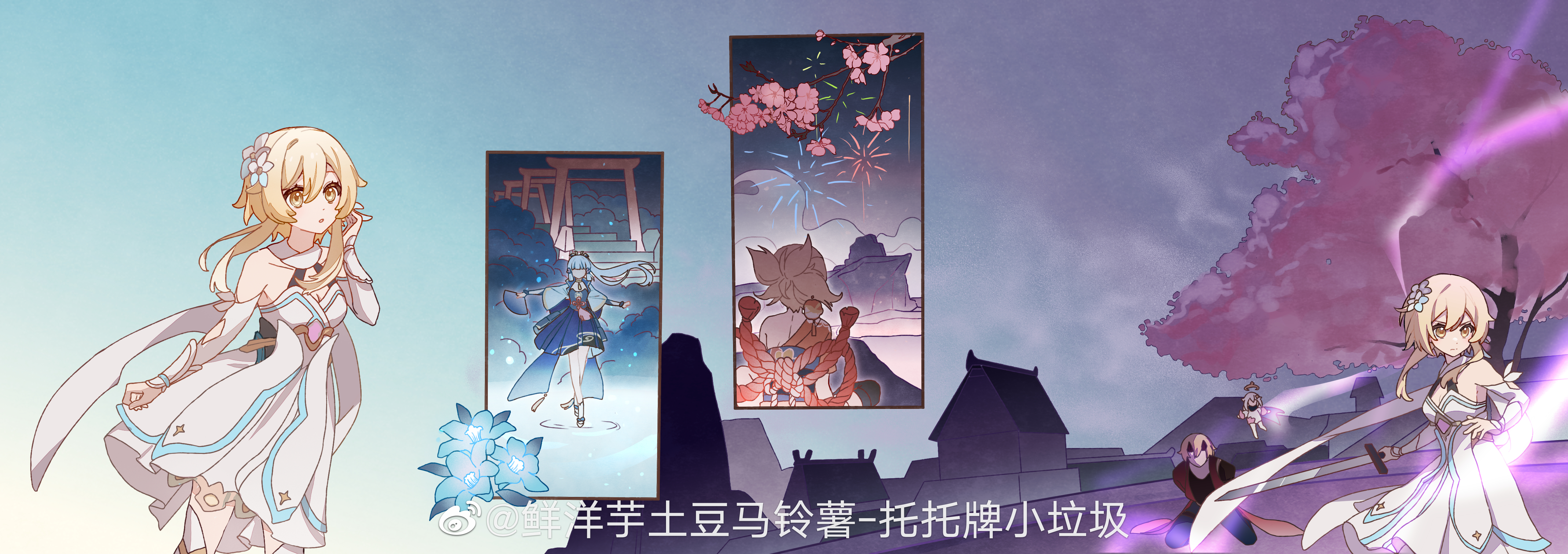 xianyangyutoumalingshu, ayaka (genshin impact), lumine (genshin impact), paimon (genshin impact), thoma (genshin impact), yoimiya (genshin impact), genshin impact, absurdres, chinese commentary, highres, spoilers, 1other, 4girls, aqua background, architecture, arms behind back, back, blonde hair, blue dress, blue flower, blue hair, blue sky, blunt bangs, blurry, bound, cloud, cloudy sky, depth of field, dress, east asian architecture, electricity, fireworks, floating, flower, friends, from behind, full body, glowing, gradient background, hair between eyes, hair flower, hair ornament, headpiece, high ponytail, japanese clothes, kneeling, looking to the side, looking up, motion blur, multiple girls, night, night sky, orange hair, outdoors, pants, ponytail, scarf, short hair, single bare shoulder, sitting, sky, standing, tied up (nonsexual), tree, upper body, white dress, white flower, white hair, white scarf, yellow eyes