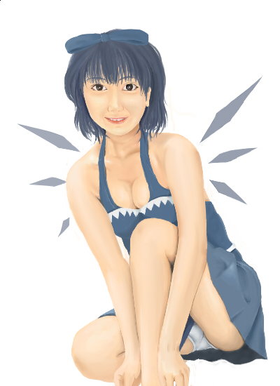 rairakku, cirno, touhou, 1girl, aged up, breasts, cleavage, female focus, panties, pantyshot, realistic, simple background, solo, underwear