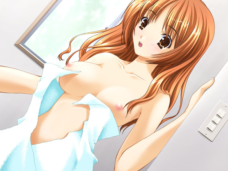 kusakabe rei, little (artist), akizono koyuki, yakitate croissant, game cg, 1girl, breasts, brown eyes, female focus, long hair, nipples, orange hair, solo, towel, towel slip, wardrobe malfunction