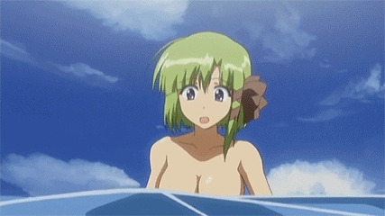 shigure asa, shuffle!, animated, animated gif, anime screenshot, lowres, 00s, 1girl, :o, blue eyes, breasts, covering breasts, covering privates, female focus, green hair, nipples, nude, ocean, solo, topless female, upper body