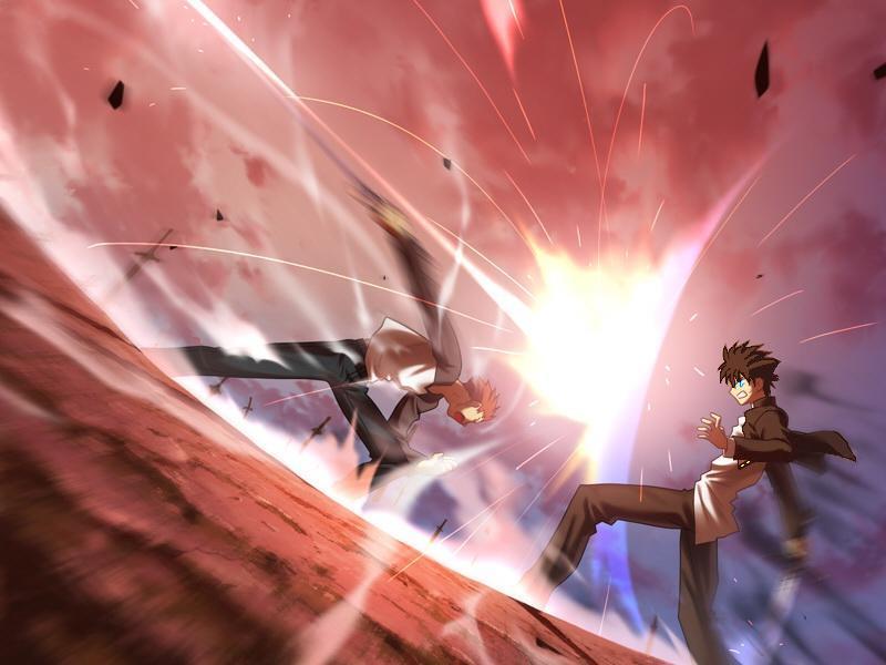 emiya shirou, nanaya shiki, tohno shiki, fate/stay night, fate (series), tsukihime, game cg, recolor, third-party edit, 00s, 2boys, battle, crossover, epic, male focus, multiple boys, unlimited blade works (reality marble)