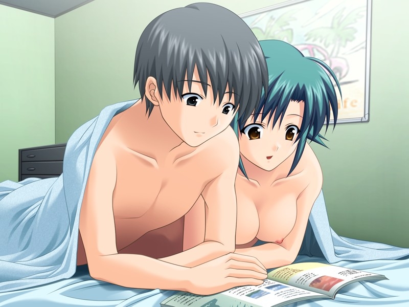ariko youichi, takaya shun, takaya yui, fortune cookie (visual novel), smart, game cg, 1boy, 1girl, bed, bed sheet, black hair, blanket, book, breasts, brother and sister, brown eyes, couple, green hair, hetero, medium breasts, naked sheet, nipples, nude, open book, reading, shared blanket, siblings, under covers