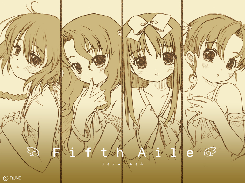 nonohara miki, fuuko (fifth aile), honoka (fifth aile), koyuki (fifth aile), tsubomi (fifth aile), fifth aile, 4girls, armband, blush, bow, bracelet, braid, brown theme, flat chest, hair bow, jewelry, lineup, long hair, monochrome, multiple girls, short hair