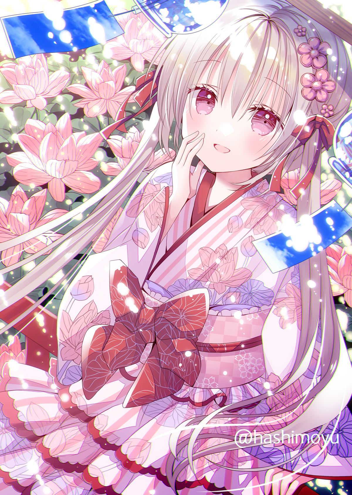 hashimo yuki, original, highres, 1girl, blonde hair, blush, bow, breasts, floral print, floral print kimono, flower, hair flower, hair ornament, japanese clothes, kimono, long hair, long sleeves, looking at viewer, obi, open mouth, outdoors, pink eyes, pink kimono, pink sash, print kimono, red bow, sash, smile, solo, wide sleeves, wind chime
