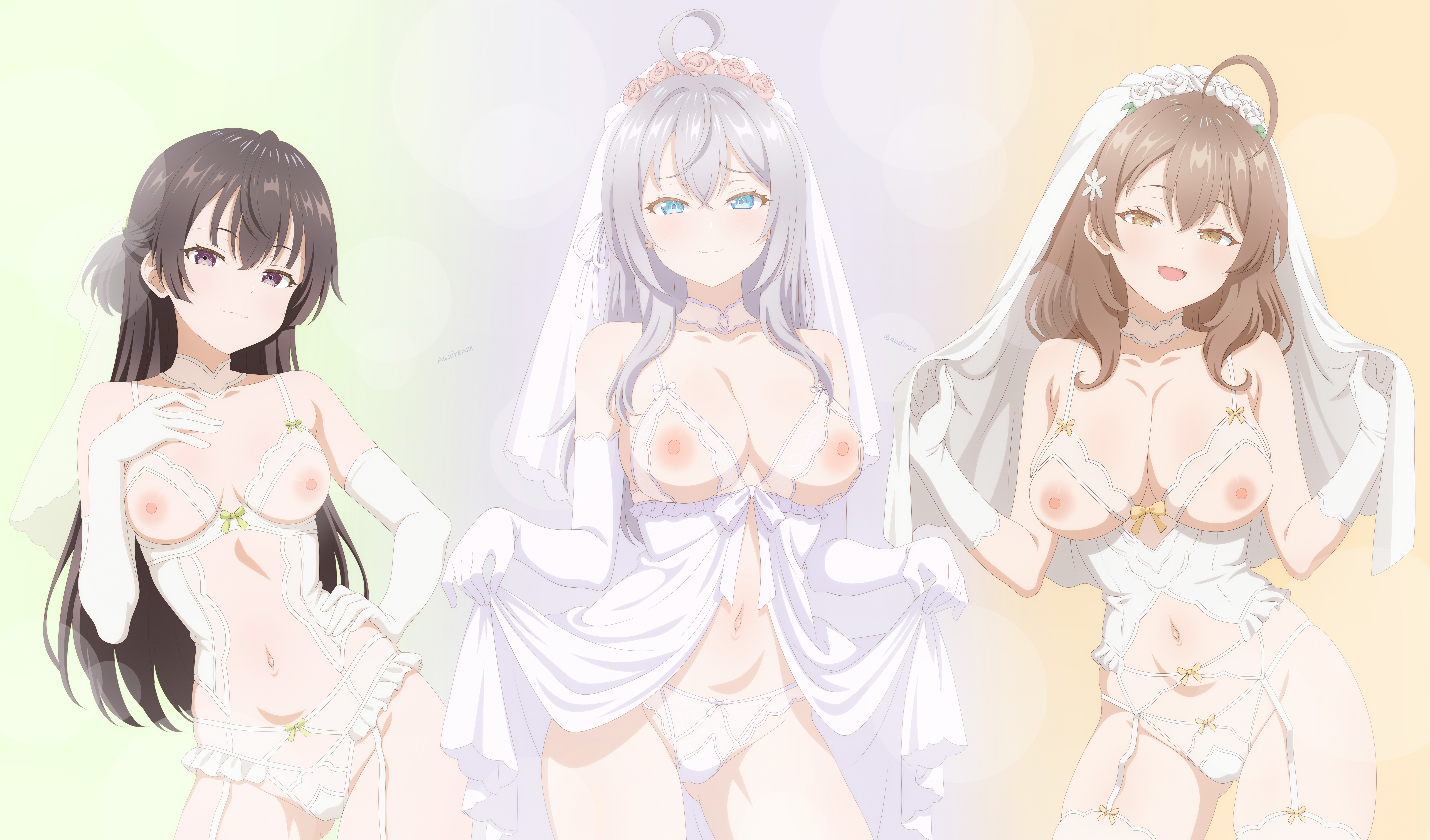 audirenze, alisa mikhailovna kujou, mariya mikhailovna kujou, suou yuki, tokidoki bosotto roshia-go de dereru tonari no alya-san, absurdres, commentary, highres, paid reward available, 3girls, :d, ahoge, artist name, bare shoulders, black hair, blue eyes, blush, breasts, bridal lingerie, bridal veil, brown hair, choker, cleavage, collarbone, dress, elbow gloves, garter belt, garter straps, gloves, gluteal fold, grey hair, hair ornament, hand on own hip, large breasts, lingerie, long hair, looking at viewer, medium breasts, multiple girls, navel, nipples, open mouth, panties, purple eyes, simple background, smile, smirk, standing, stomach, thighhighs, twitter username, underwear, veil, very long hair, white choker, white dress, white garter belt, white garter straps, white gloves, white panties, white thighhighs