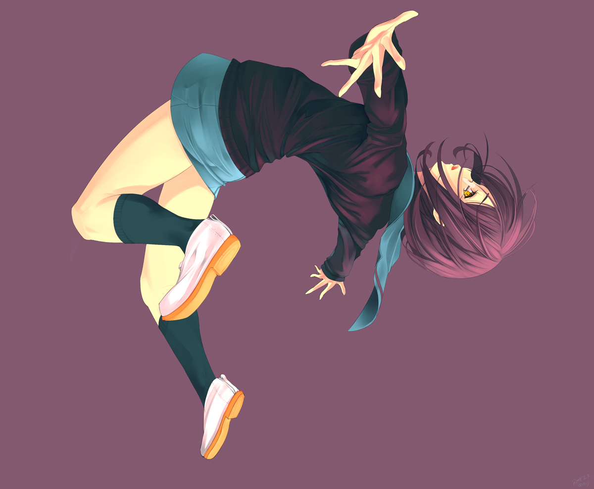 mifuji kiichi, nagato yuki, suzumiya haruhi no yuuutsu, 00s, glasses, purple hair, simple background, solo, yellow eyes