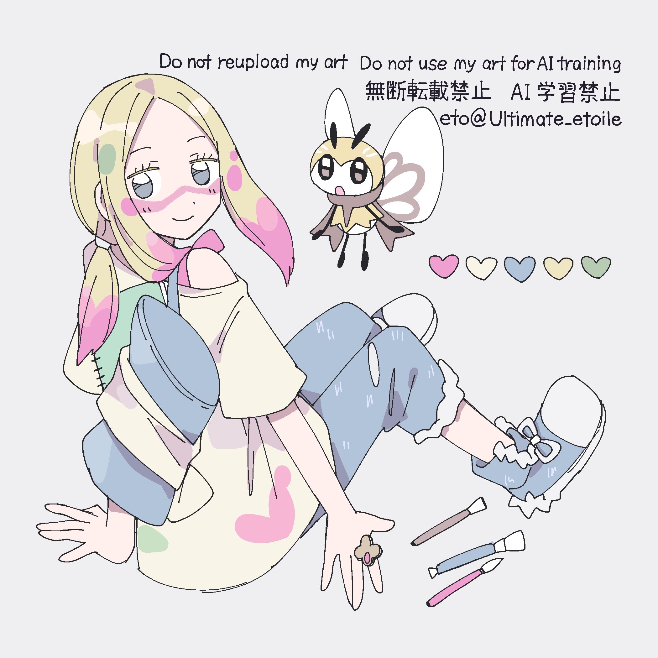 remoooon, mina (pokemon), ribombee, pokemon, pokemon sm, 1girl, backpack, bag, blonde hair, capri pants, denim, duffel bag, full body, gen 7 pokemon, grey background, grey eyes, half-closed eyes, jeans, jewelry, long hair, looking back, notebook, paint in hair, paint on clothes, paint splatter, paint splatter on face, paintbrush, pants, ponytail, ring, shoes, sitting, smile, sneakers, solo