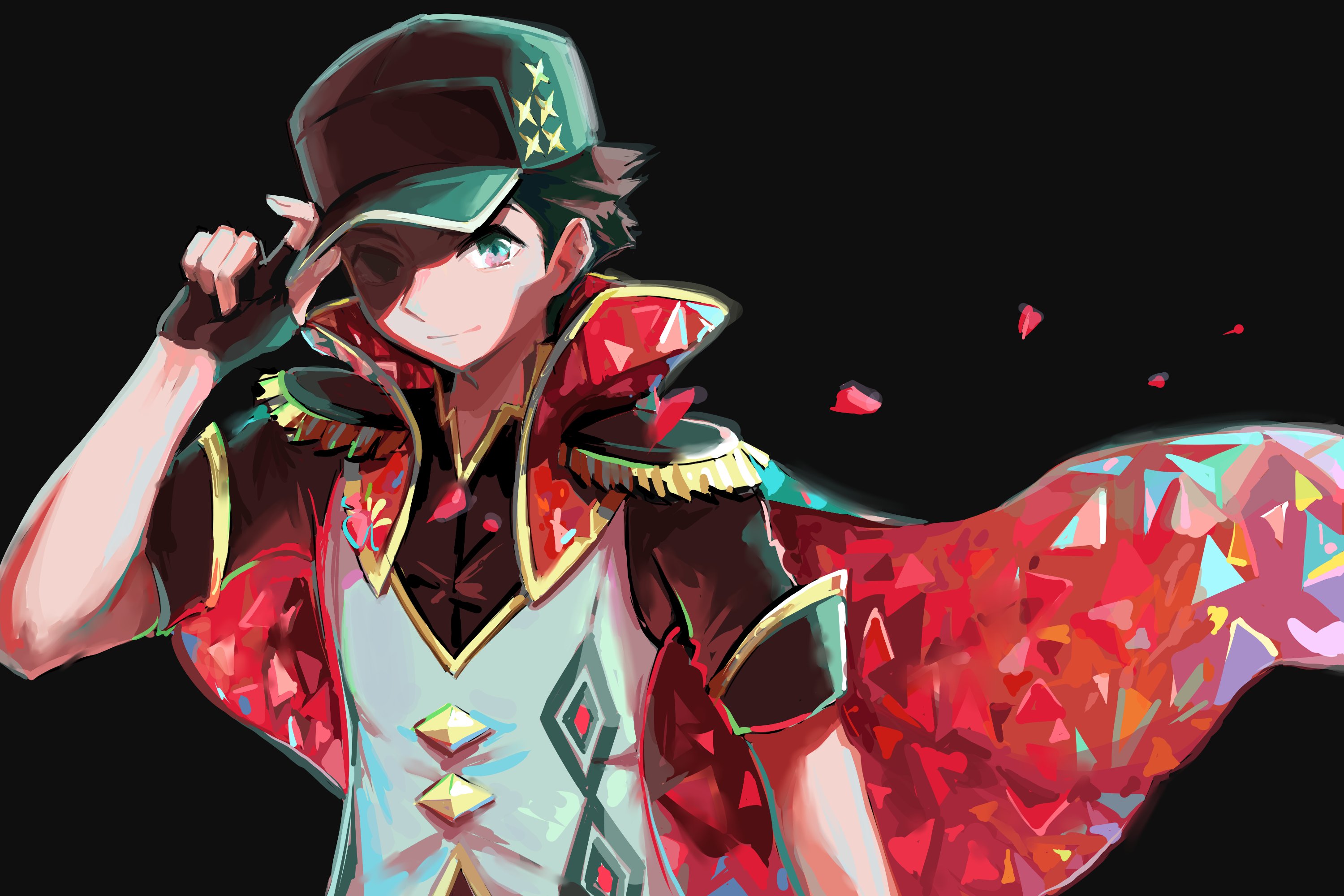 ffccll, red (anniversary 2025) (pokemon), red (pokemon), nintendo, pokemon, pokemon masters ex, highres, 1boy, black background, black hair, black hat, cape, closed mouth, epaulettes, falling petals, fingerless gloves, gloves, hand up, hat, looking at viewer, male focus, official alternate costume, petals, shirt, short hair, short sleeves, smile, solo, upper body, vest