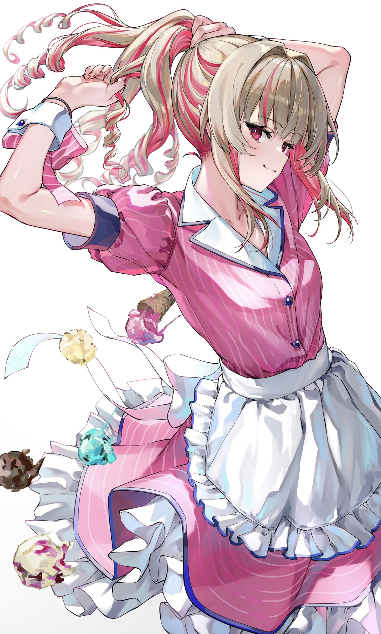 bochibochi (gyuuniku 6000), makaino ririmu, nijisanji, highres, 1girl, apron, arms behind head, back bow, blue sleeve cuffs, blue trim, blunt bangs, bow, closed mouth, colored inner hair, cowboy shot, drill hair, drill ponytail, dutch angle, floating hair, food, frilled skirt, frills, from above, grey hair, holding, holding own hair, ice cream, ice cream cone, ice cream cone spill, jacket, lapels, looking at viewer, multicolored hair, multiple scoops, official alternate costume, official alternate hairstyle, pink bow, pink hair, pink jacket, pink skirt, pointy ears, puffy short sleeves, puffy sleeves, red eyes, short sleeves, sidelocks, simple background, skirt, smile, solo, streaked hair, striped bow, striped clothes, striped jacket, striped skirt, tying hair, vertical-striped bow, vertical-striped clothes, vertical-striped jacket, virtual youtuber, waist apron, waitress, white background, white bow, white wrist cuffs, wrist cuffs
