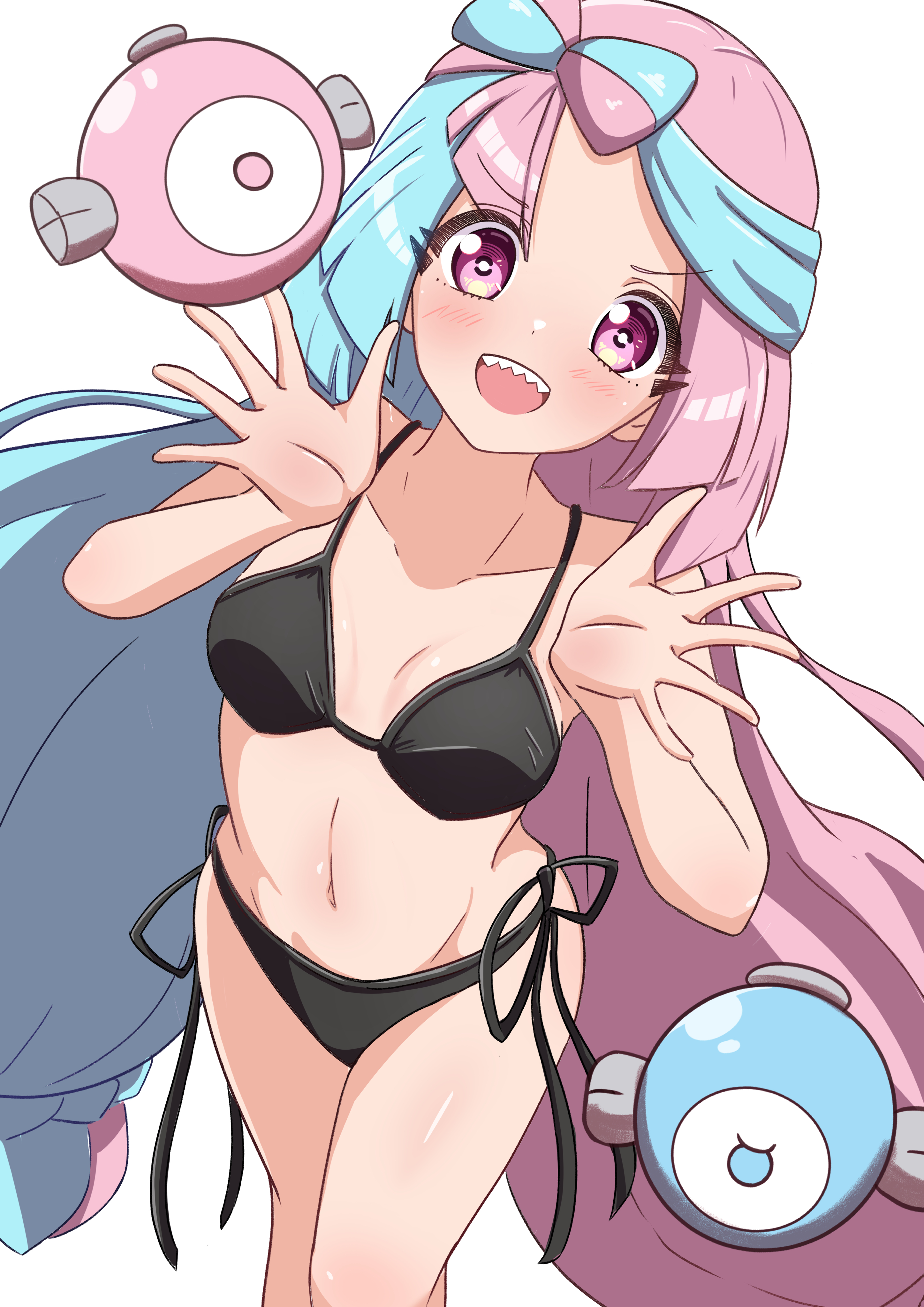 rono (lethys), iono (pokemon), magnemite, nintendo, pokemon, pokemon sv, absurdres, commentary, highres, 1girl, bare shoulders, bikini, black bikini, blue hair, blush, bow-shaped hair, breasts, collarbone, gen 1 pokemon, lightning bolt symbol, long hair, looking at viewer, multicolored hair, navel, open mouth, pink eyes, pink hair, sharp teeth, side-tie bikini bottom, simple background, smile, solo, split-color hair, stomach, swimsuit, teeth, thighs, two-tone hair, upper teeth only, yellow background