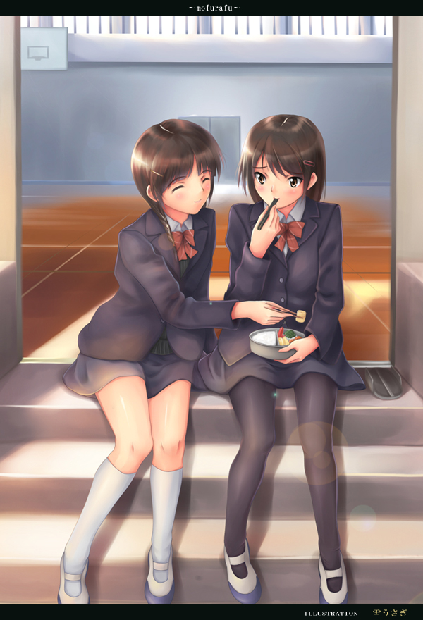 yuki usagi (mofurafu), original, striped neckwear, white legwear, 2girls, artist name, bento, black jacket, black skirt, black socks, blush, bow, bowtie, brown eyes, brown hair, buttons, chopsticks, closed eyes, doorway, eating, full body, gym, hair ornament, hair over shoulder, hairclip, holding, holding chopsticks, jacket, kneehighs, legs, lens flare, letterboxed, long sleeves, multiple girls, pantyhose, red bow, red bowtie, school uniform, serafuku, shoes, sitting, sitting on stairs, skirt, smile, socks, stairs, striped bow, striped bowtie, striped clothes, thighhighs, uwabaki