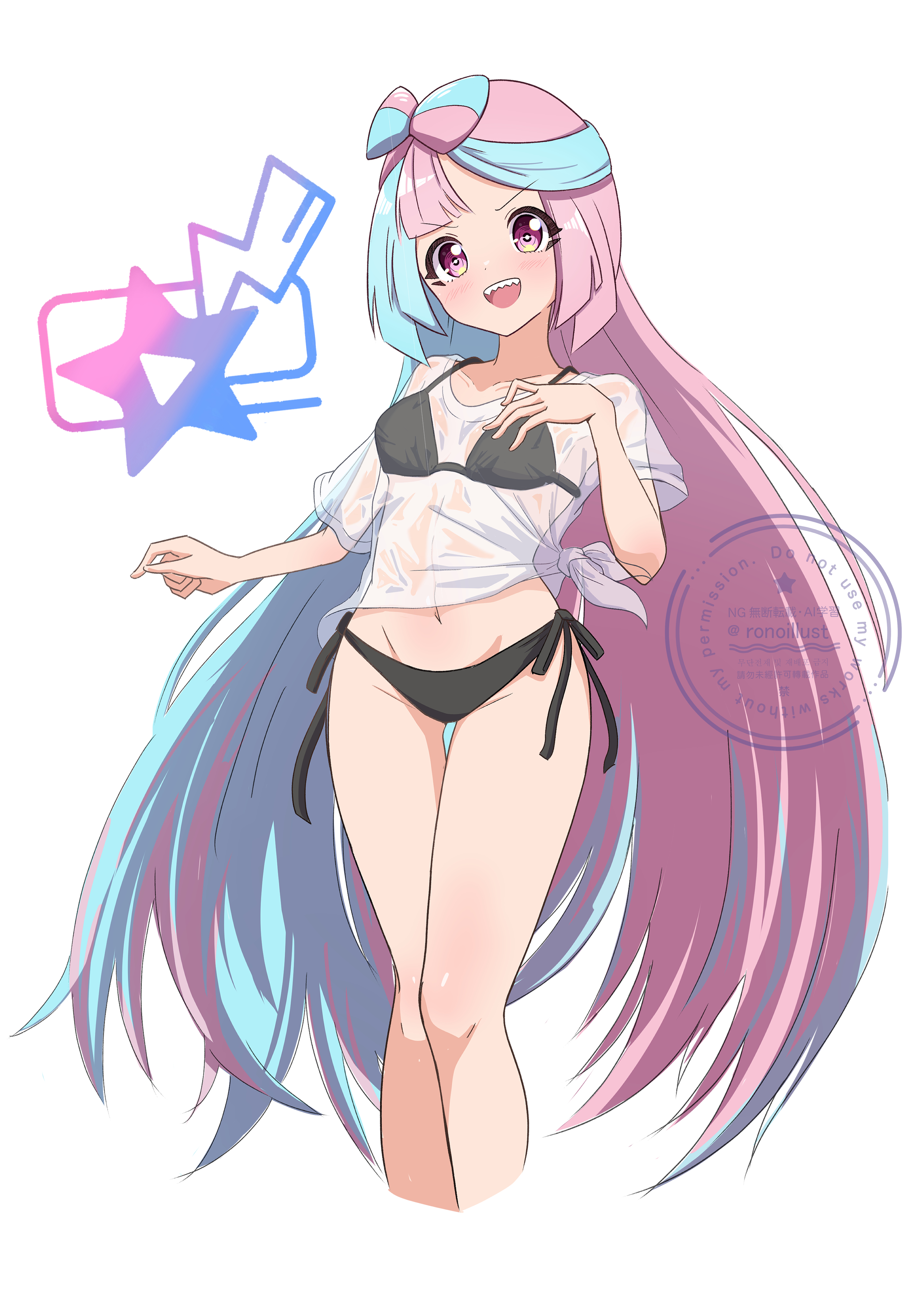 rono (lethys), iono (pokemon), nintendo, pokemon, pokemon sv, absurdres, commentary, highres, 1girl, alternate costume, bikini, bikini top under shirt, black bikini, blue hair, bow-shaped hair, closed mouth, hand up, knees, long hair, multicolored hair, no hair ornament, pink hair, purple eyes, shirt, short sleeves, side-tie bikini bottom, simple background, solo, swimsuit, tied shirt, two-tone hair, wet, wet clothes, wet shirt, white background, white shirt