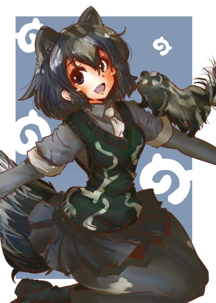 tikano, spotted skunk (kemono friends), kemono friends, commentary request, highres, 1girl, :d, animal ears, animal on arm, black boots, black eyes, black hair, black pantyhose, black skirt, black vest, blue background, blush, boots, border, breasts, collared shirt, elbow gloves, extra ears, gloves, grey gloves, grey hair, grey shirt, hair between eyes, hands out of frame, japari symbol, looking at viewer, medium breasts, multicolored hair, necktie, open mouth, pantyhose, shirt, short hair, short sleeves, simple background, skirt, skunk, skunk ears, skunk girl, skunk tail, smile, solo, tail, teeth, thighhighs, two-tone hair, upper teeth only, vest, white border, white necktie