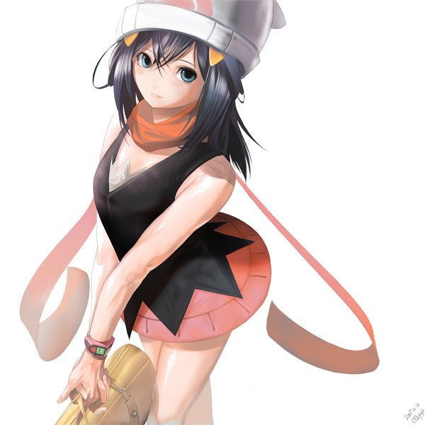 mifuji kiichi, dawn (pokemon), nintendo, pokemon, pokemon dppt, 00s, 1girl, beanie, black hair, blue eyes, female focus, hat, poketch, scarf, simple background, skirt, solo, suitcase, watch, white background, wristwatch