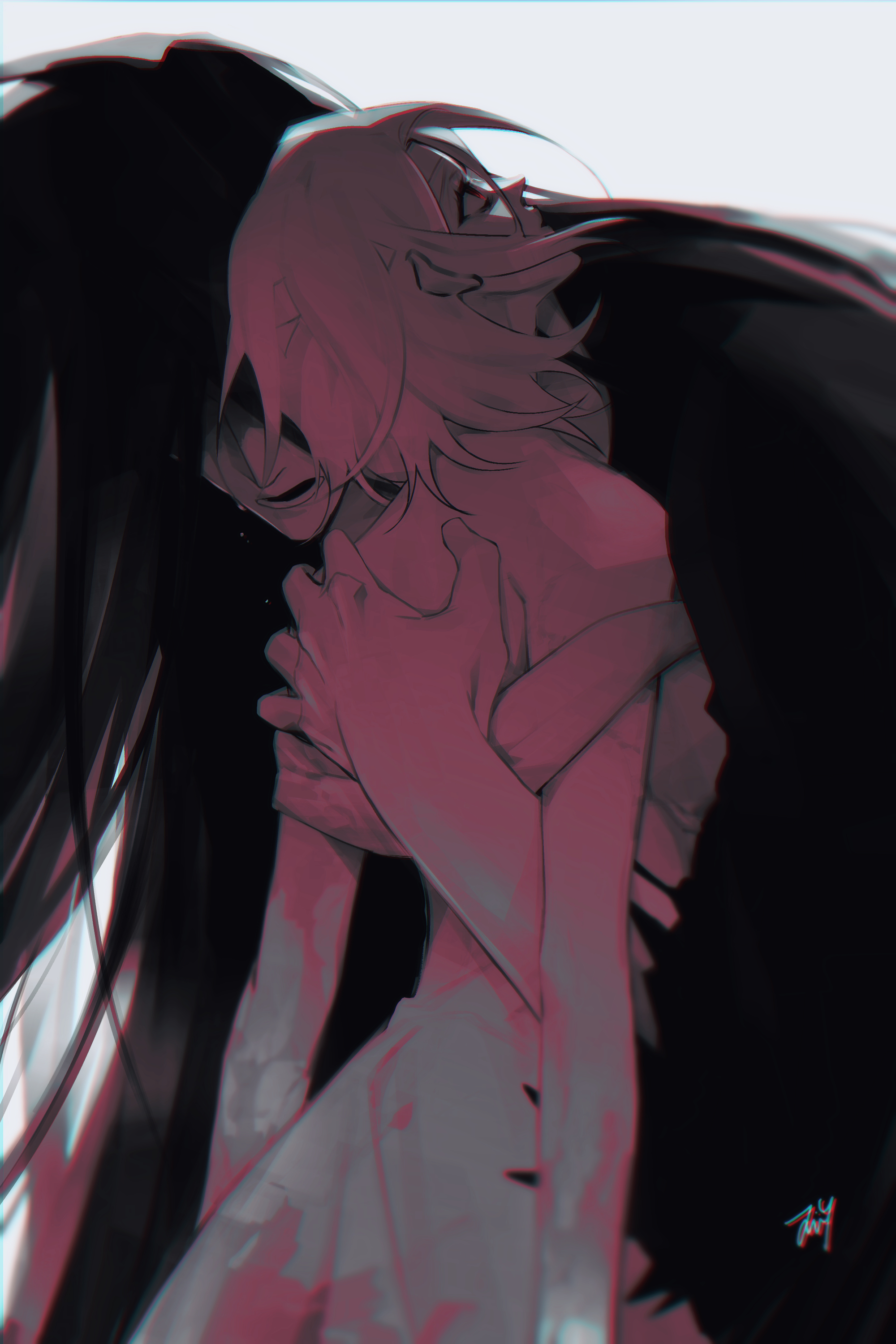 bbabbamis2, adashino adami, mr. crawling, homicipher, absurdres, highres, 1boy, 1girl, black hair, black kimono, crying, dress, grey background, hug, japanese clothes, kimono, long hair, looking up, pink hair, red eyes, short hair, simple background, very long hair