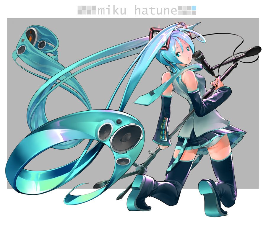 mifuji kiichi, hatsune miku, vocaloid, absurdly long hair, arched back, back, black boots, blouse, blue hair, boots, cable, character name, collared shirt, full body, glowing, grey background, grey shirt, kneehighs, kneeling, long hair, microphone, microphone stand, miniskirt, outside border, panties, pantyshot, shirt, simple background, skirt, socks, solo, thighhighs, underwear, very long hair