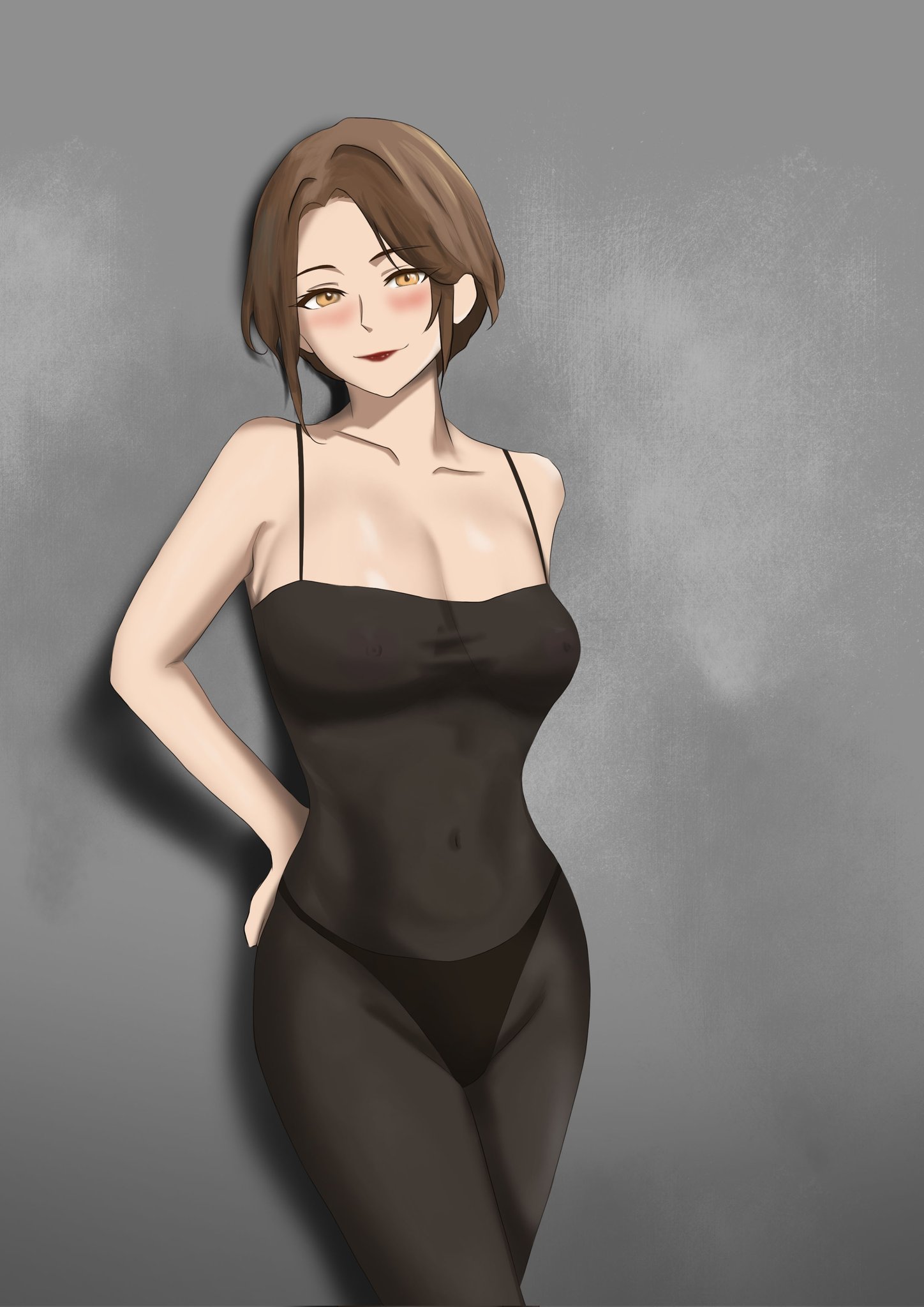 original, chinese commentary, highres, 1girl, arms behind back, bare shoulders, black nightgown, black panties, blush, breasts, brown eyes, brown hair, closed mouth, collarbone, covered erect nipples, covered navel, feet out of frame, grey background, lips, long hair, looking at viewer, mature female, medium breasts, nightgown, no bra, panties, red lips, sidelocks, simple background, smile, solo, standing, underwear, wryyyyy
