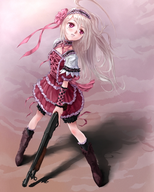 phase, original, 1girl, blonde hair, boots, female focus, frills, goth fashion, gothic lolita, gun, headdress, knee boots, left-handed, lolita fashion, long hair, mole, mole under eye, pump action, red eyes, shotgun, solo, trigger discipline, weapon