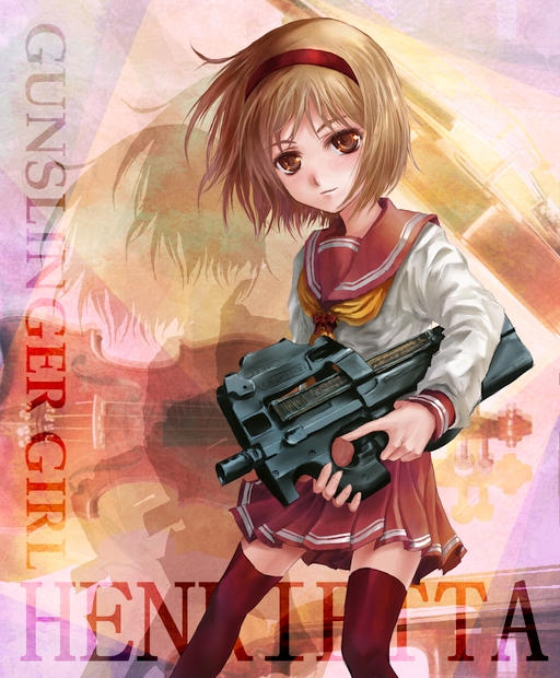 phase, henrietta (gunslinger girl), gunslinger girl, 00s, 1girl, bob cut, brown eyes, brown hair, bullpup, female focus, gun, hairband, horizontal magazine, left-handed, p90, personal defense weapon, pleated skirt, school uniform, see-through clothes, serafuku, short hair, skirt, solo, submachine gun, thighhighs, translucent, weapon