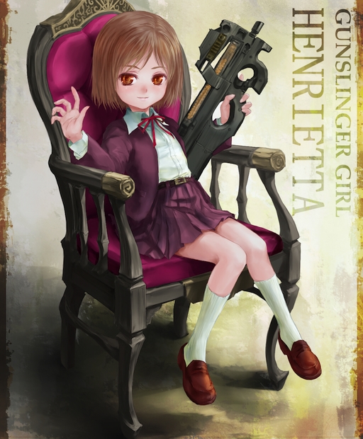 phase, henrietta (gunslinger girl), gunslinger girl, 00s, 1girl, armchair, bob cut, brown eyes, brown hair, bullpup, chair, female focus, full body, gun, horizontal magazine, knees together feet apart, left-handed, on chair, p90, personal defense weapon, see-through clothes, short hair, sitting, skirt, solo, submachine gun, translucent, weapon