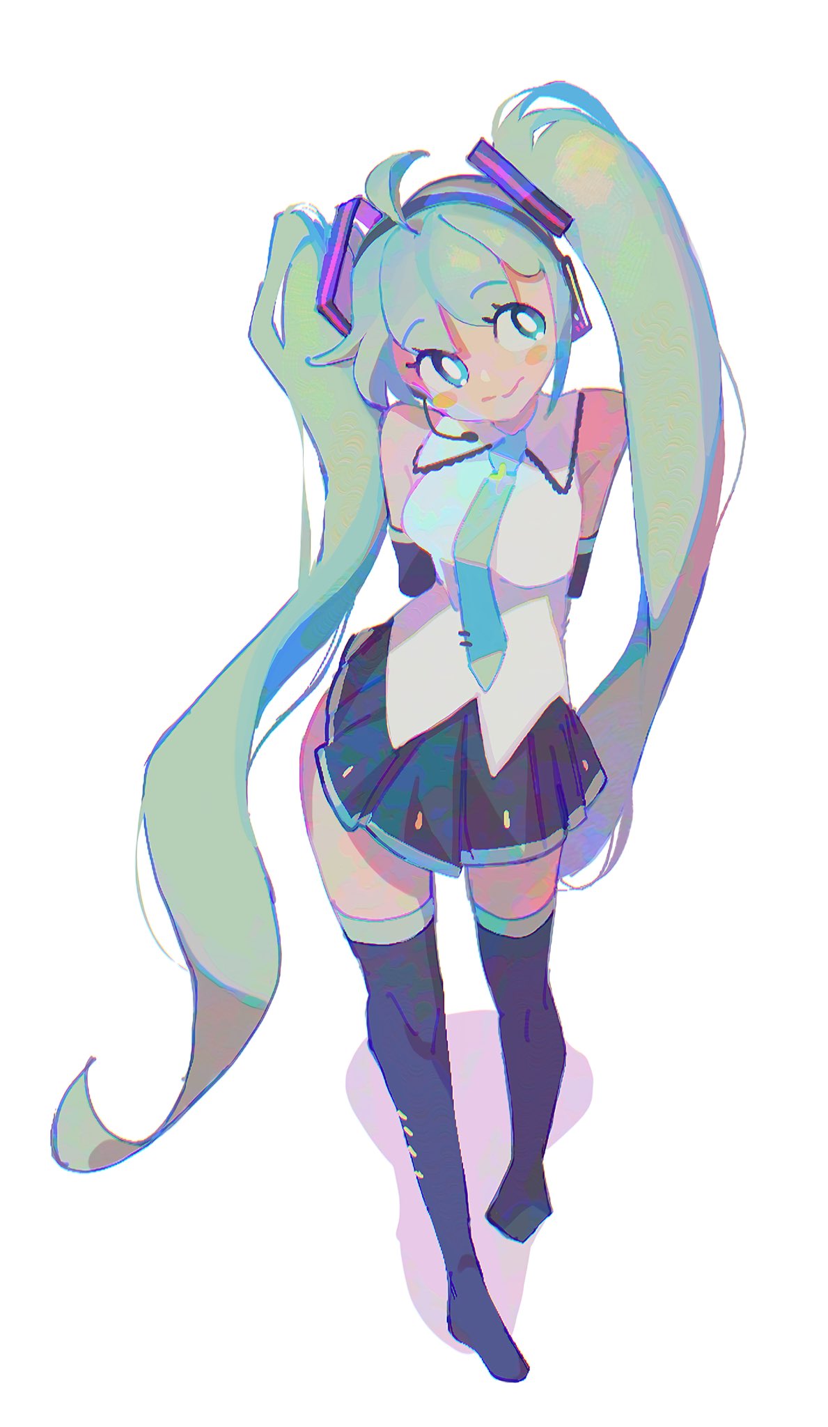 paobebebe, hatsune miku, vocaloid, highres, 1girl, :>, ahoge, aqua hair, aqua necktie, arms behind back, bare shoulders, black gloves, black skirt, black thighhighs, blush stickers, breasts, bright pupils, distortion, elbow gloves, from above, full body, gloves, headphones, headset, light smile, long hair, necktie, no shoes, pigeon-toed, pleated skirt, raised eyebrows, shirt, simple background, skirt, small breasts, solo, split mouth, standing, thighhighs, twintails, very long hair, white background, white pupils, white shirt, zettai ryouiki