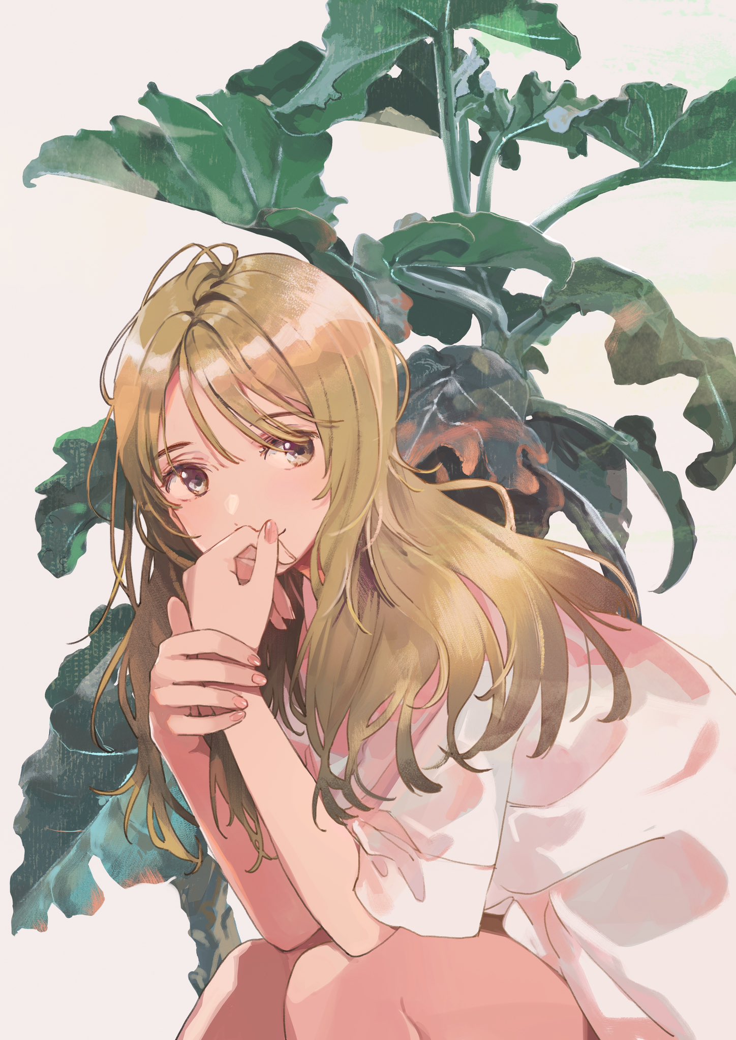 fly (marguerite), original, highres, 1girl, brown eyes, brown hair, long hair, plant, shirt, short sleeves, simple background, solo, white background, white shirt