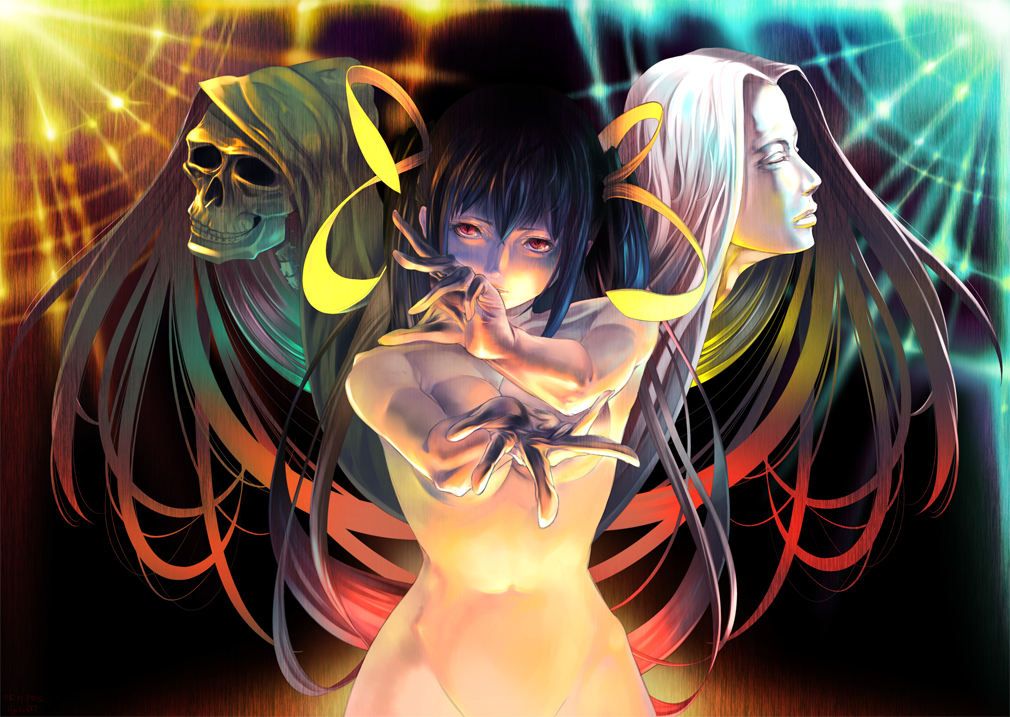 mifuji kiichi, dizzy (guilty gear), necro (guilty gear), undine (guilty gear), arc system works, guilty gear, 1girl, asymmetrical wings, blue hair, bow, breasts, covering breasts, covering privates, curvy, hair bow, long hair, nude, out-of-frame censoring, red eyes, ribbon, skull, wings