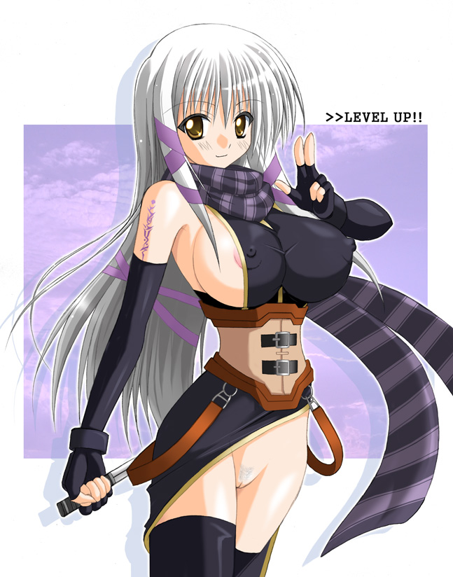 womi, clair lasbard, star ocean, star ocean: till the end of time, 1girl, areola slip, blush, breasts, brown eyes, cleft of venus, colored pubic hair, covered erect nipples, elbow gloves, female focus, female pubic hair, fingerless gloves, gloves, grey hair, huge breasts, impossible clothes, knife, level up, nipple slip, nipples, no panties, pubic hair, pussy, scarf, sideboob, smile, solo, striped clothes, striped scarf, tattoo, thighhighs, thighs, uncensored, white pubic hair