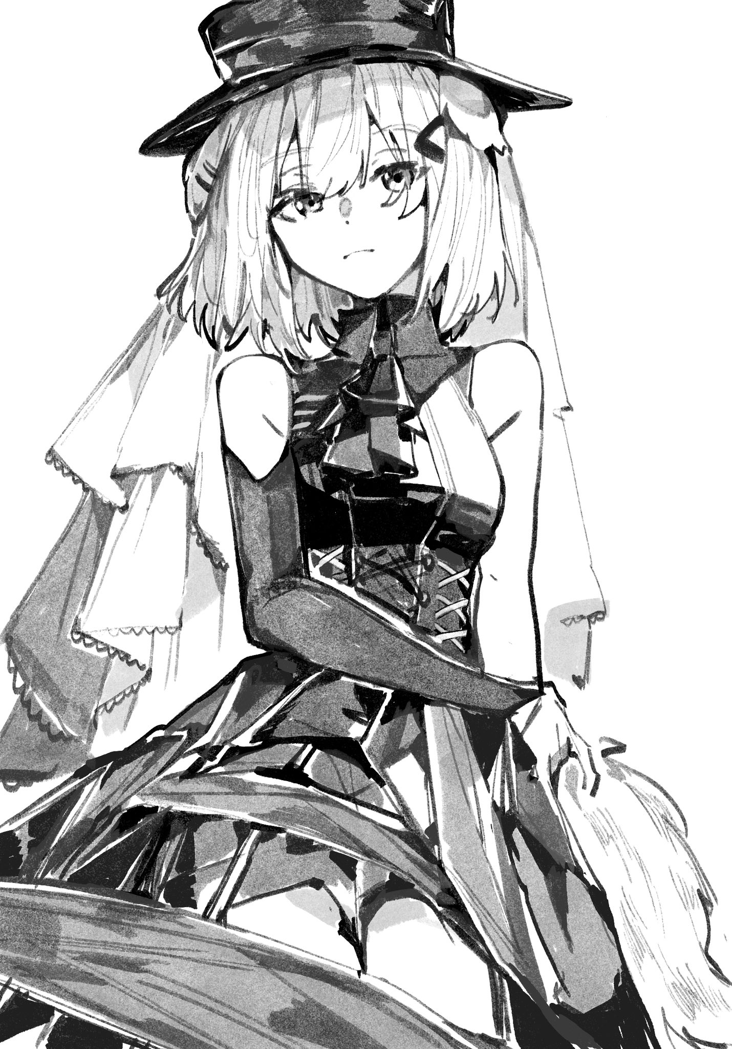 chiriejjiyo, misumi uika, arknights, bang dream!, bang dream! it's mygo!!!!!, commentary, highres, 1girl, animal ears, dog ears, dog girl, dress, greyscale, hat, holding own arm, medium hair, misumi uika (caged singer), monochrome, simple background, solo, veil, white background