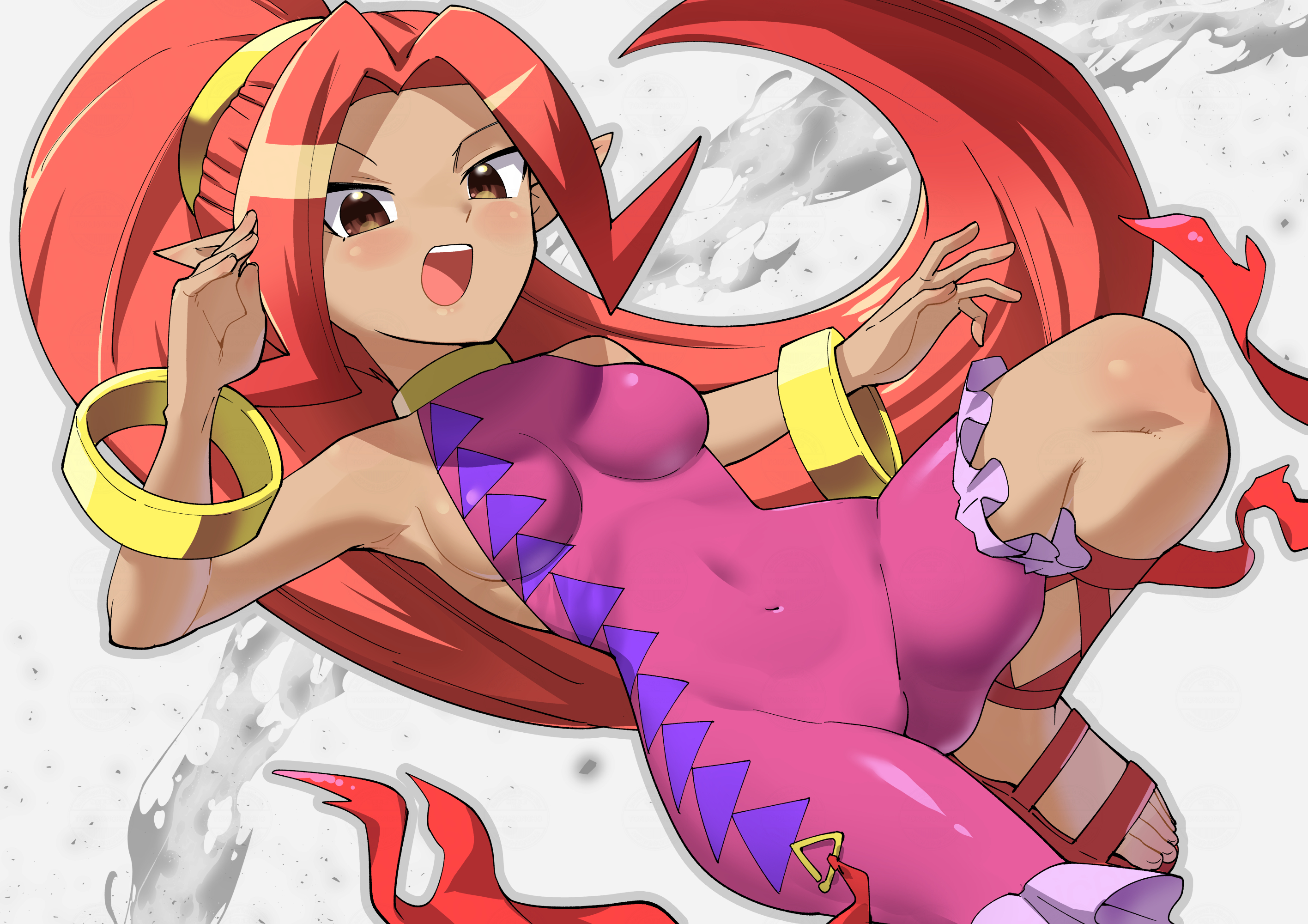 toku sonchou, din, nintendo, the legend of zelda, the legend of zelda: oracle of ages, the legend of zelda: oracle of seasons, highres, 1girl, :d, bangle, big hair, bracelet, breasts, dark-skinned female, dark skin, feet out of frame, jewelry, leotard, long hair, looking at viewer, medium breasts, neck ring, necklace, open mouth, pink leotard, pointy ears, ponytail, red eyes, red hair, red sandals, sandals, sash, shin strap, skin tight, sleeveless, smile, solo, standing, standing on one leg, teeth, toned, unitard, upper teeth only, very long hair