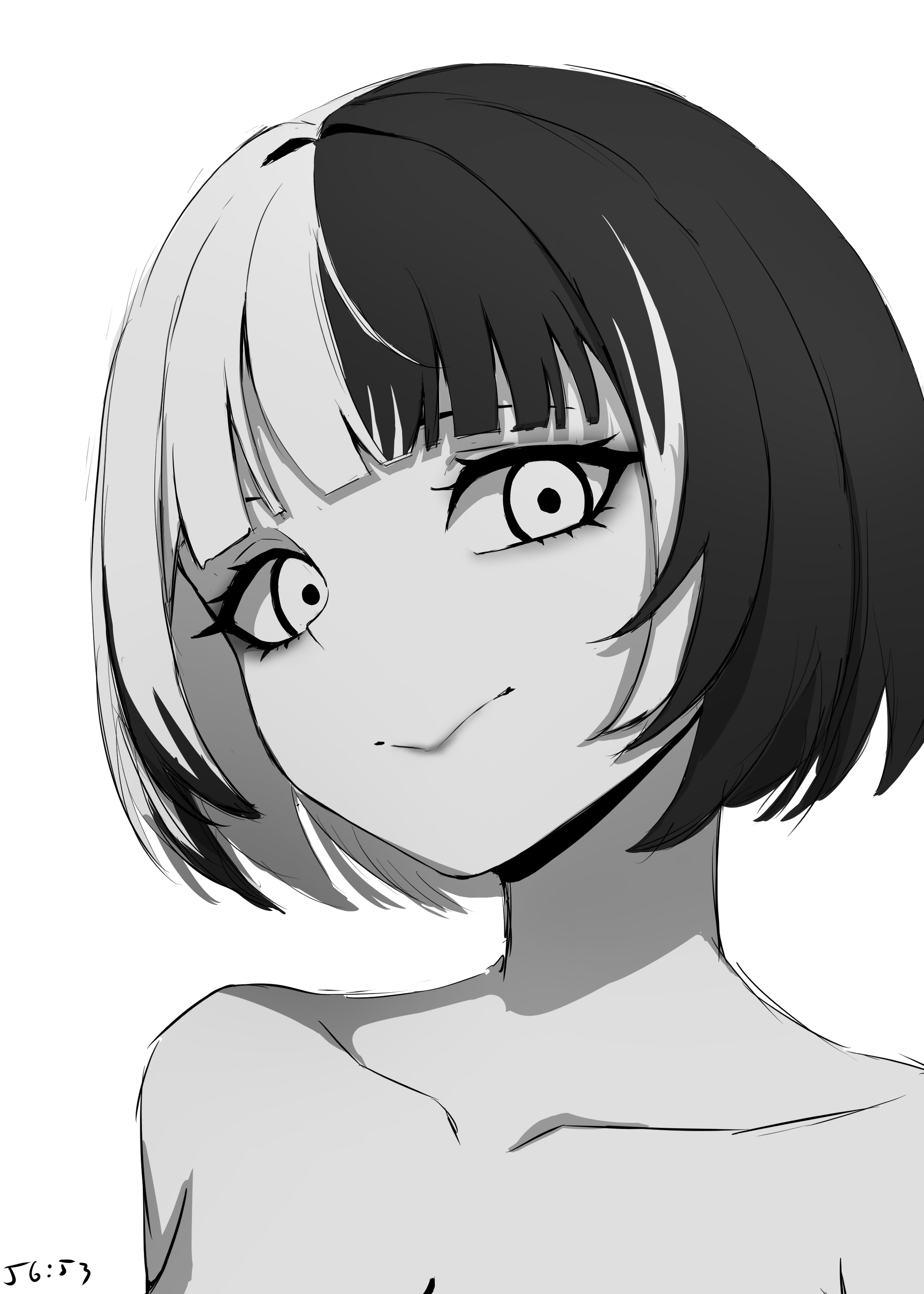 daydarion, shiori novella, hololive, hololive english, absurdres, highres, 1girl, bare shoulders, closed mouth, greyscale, looking at viewer, medium hair, monochrome, multicolored hair, solo, split-color hair, virtual youtuber
