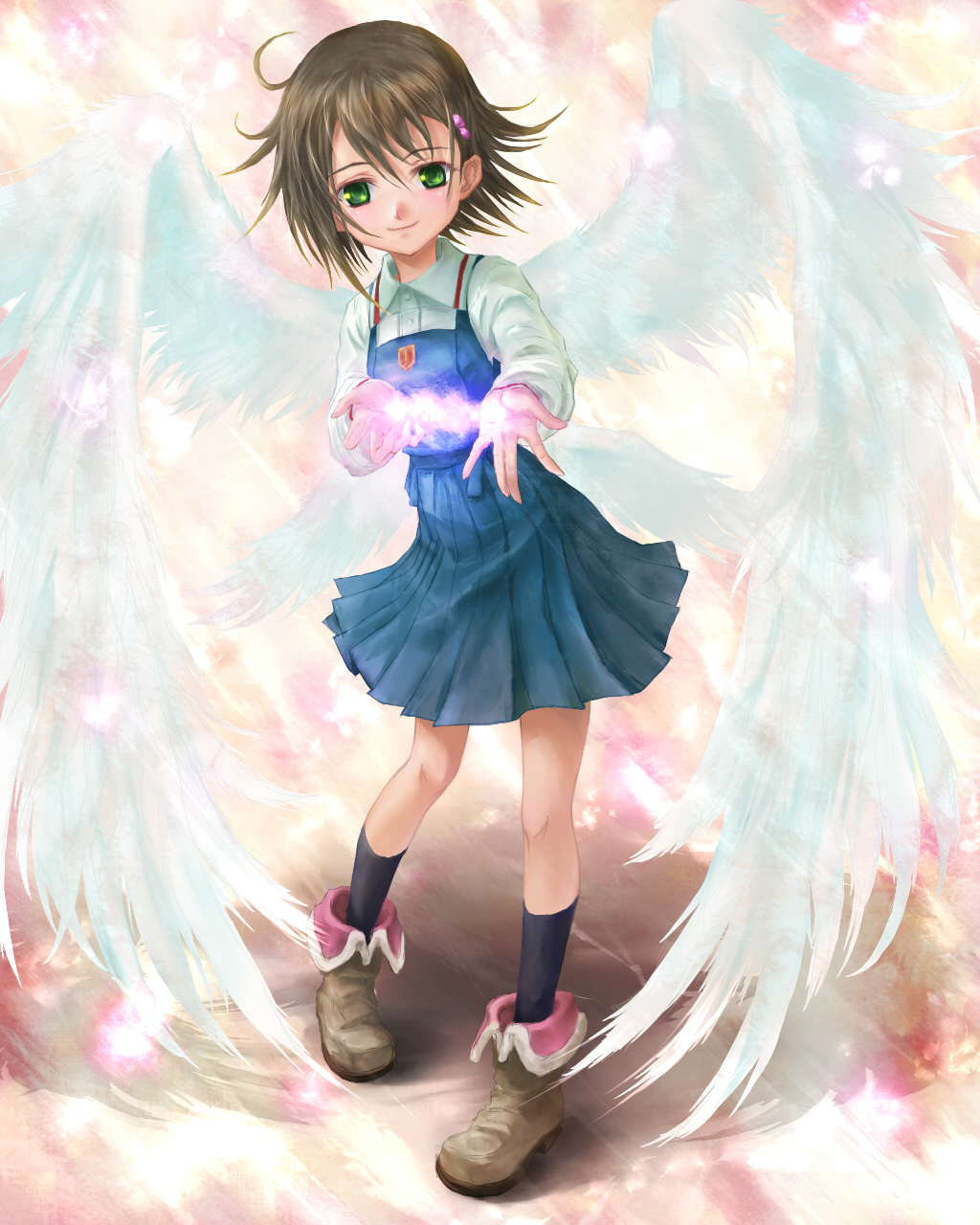 phase, isurugi noe, true tears, bad id, bad pixiv id, highres, 00s, 1girl, angel wings, blush, boots, brown hair, green eyes, hair ornament, school uniform, serafuku, short hair, smile, wings