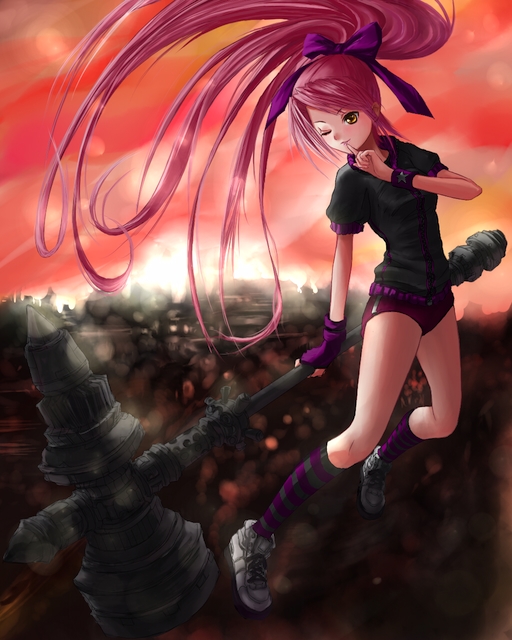 phase, original, fingerless gloves, gloves, hammer, kneehighs, patterned legwear, ponytail, red hair, short shorts, shorts, single glove, socks, solo, striped clothes, striped socks