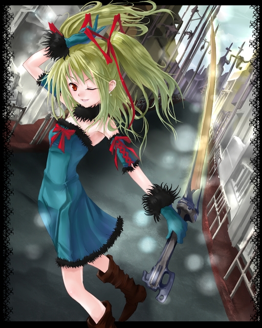 phase, original, blonde hair, gloves, red eyes, solo, sword, weapon