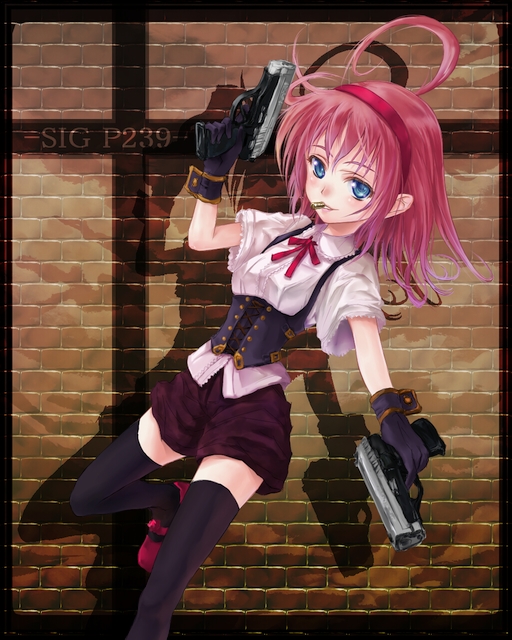 phase, original, sig sauer, 1girl, dual wielding, female focus, gun, handgun, holding, mouth hold, pistol, solo, thighhighs, weapon