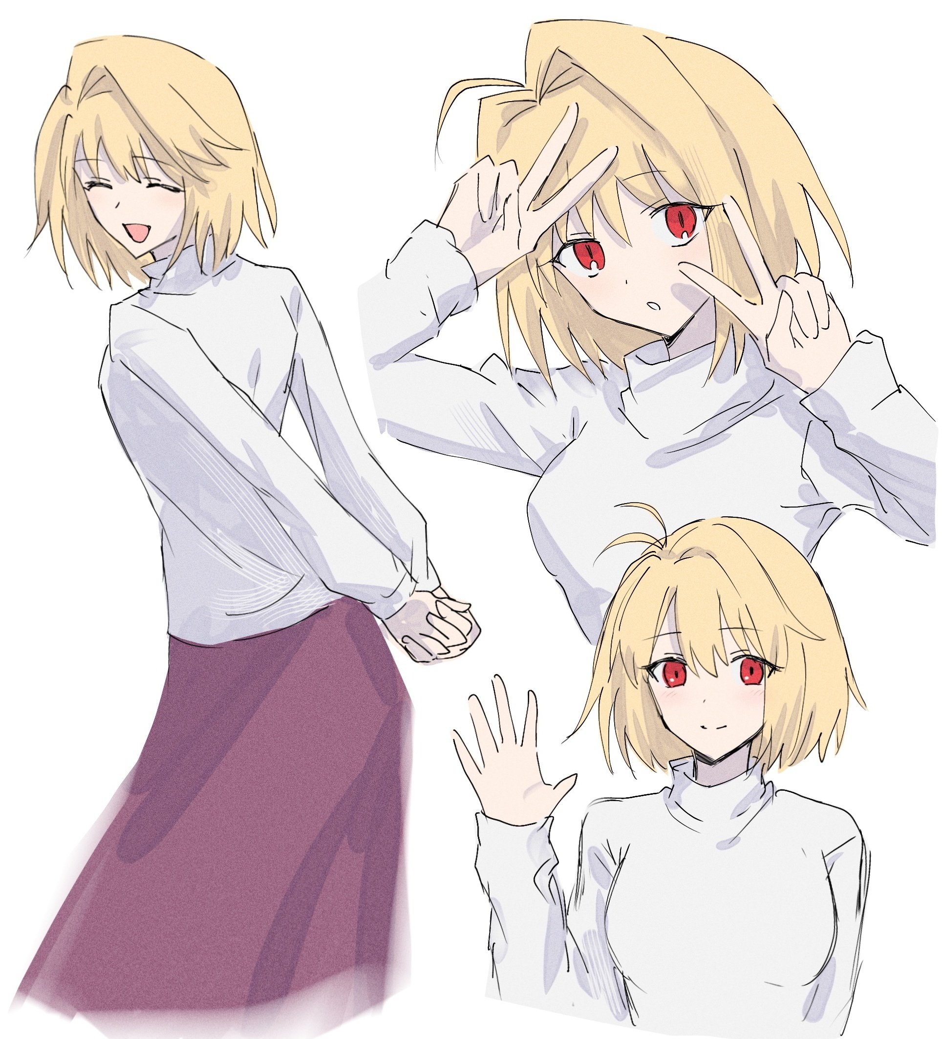 nekwnek, arcueid brunestud, tsukihime, commentary request, highres, 1girl, antenna hair, arms behind back, blonde hair, closed eyes, closed mouth, double v, hair between eyes, long sleeves, looking at viewer, open mouth, own hands together, purple skirt, short hair, simple background, single hair intake, skirt, smile, sweater, turtleneck, turtleneck sweater, v, white background, white sweater