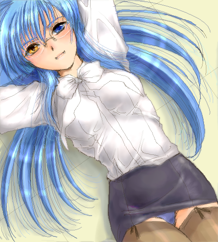 yagisaka seto, follower (yagisaka seto), original, gender request, lowres, 1girl, blue hair, fangs, female focus, genderswap, heterochromia, oekaki, panties, solo, thighhighs, underwear