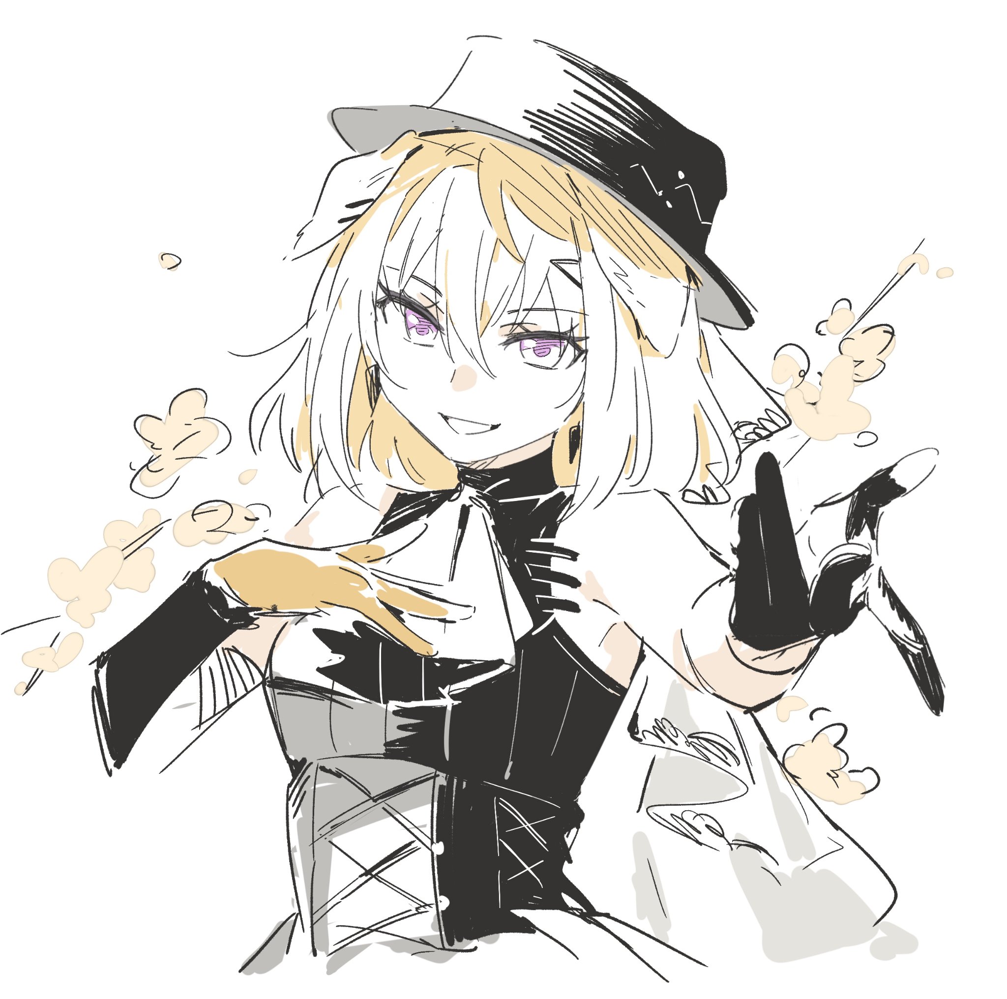 dopperu ben, misumi uika, arknights, bang dream!, bang dream! it's mygo!!!!!, chinese commentary, commentary request, highres, 1girl, animal ears, black dress, black gloves, blonde hair, dog ears, dog girl, dress, gloves, hair between eyes, hand on own chest, medium hair, misumi uika (caged singer), open mouth, purple eyes, simple background, sleeveless, sleeveless dress, solo, upper body, white background