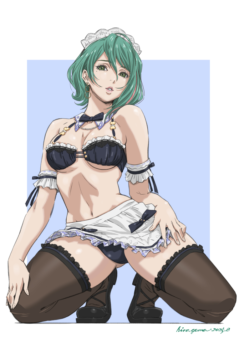 hiragoma, tamaki (doa), dead or alive, dead or alive xtreme, dead or alive xtreme venus vacation, 1girl, ahoge, armband, artist name, asymmetrical hair, bikini, black shoes, black thighhighs, dated, earrings, frilled armband, frilled skirt, frills, green eyes, green hair, hands on own legs, jewelry, kneeling, lace, lace-trimmed thighhighs, lace trim, looking at viewer, low block heels, maid, maid bikini, maid headdress, mole, mole under eye, multicolored hair, red streaks, shoes, skirt, spread legs, streaked hair, swimsuit, thighhighs, tiptoes, two-tone background, unconventional maid
