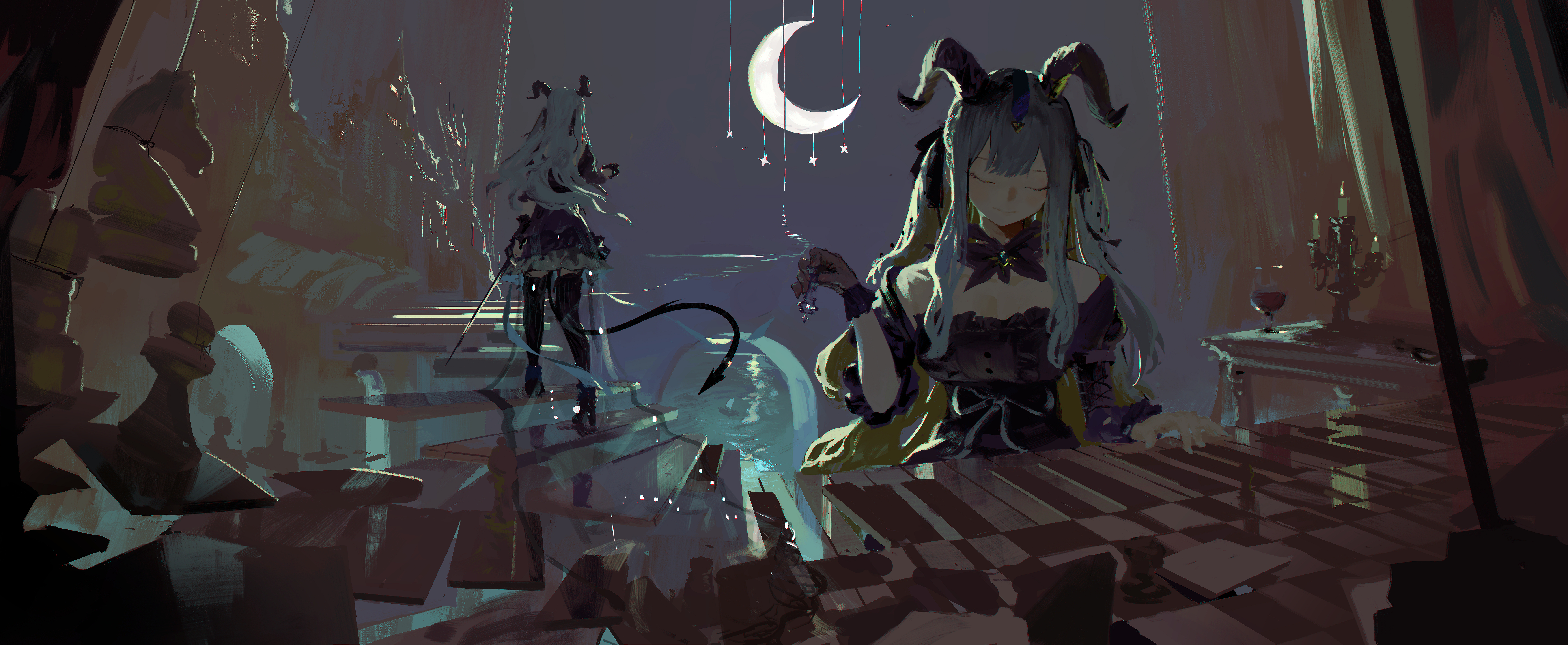 lemtun, togawa sakiko, arknights, bang dream!, bang dream! it's mygo!!!!!, absurdres, commentary request, highres, 2girls, black boots, blue hair, boots, chandelier, chess piece, cup, dress, dual persona, holding, holding sword, holding weapon, horns, instrument, keyboard (instrument), long hair, multiple girls, off-shoulder dress, off shoulder, purple dress, sidelocks, sword, tail, thigh boots, togawa sakiko (master of melodia), two side up, weapon