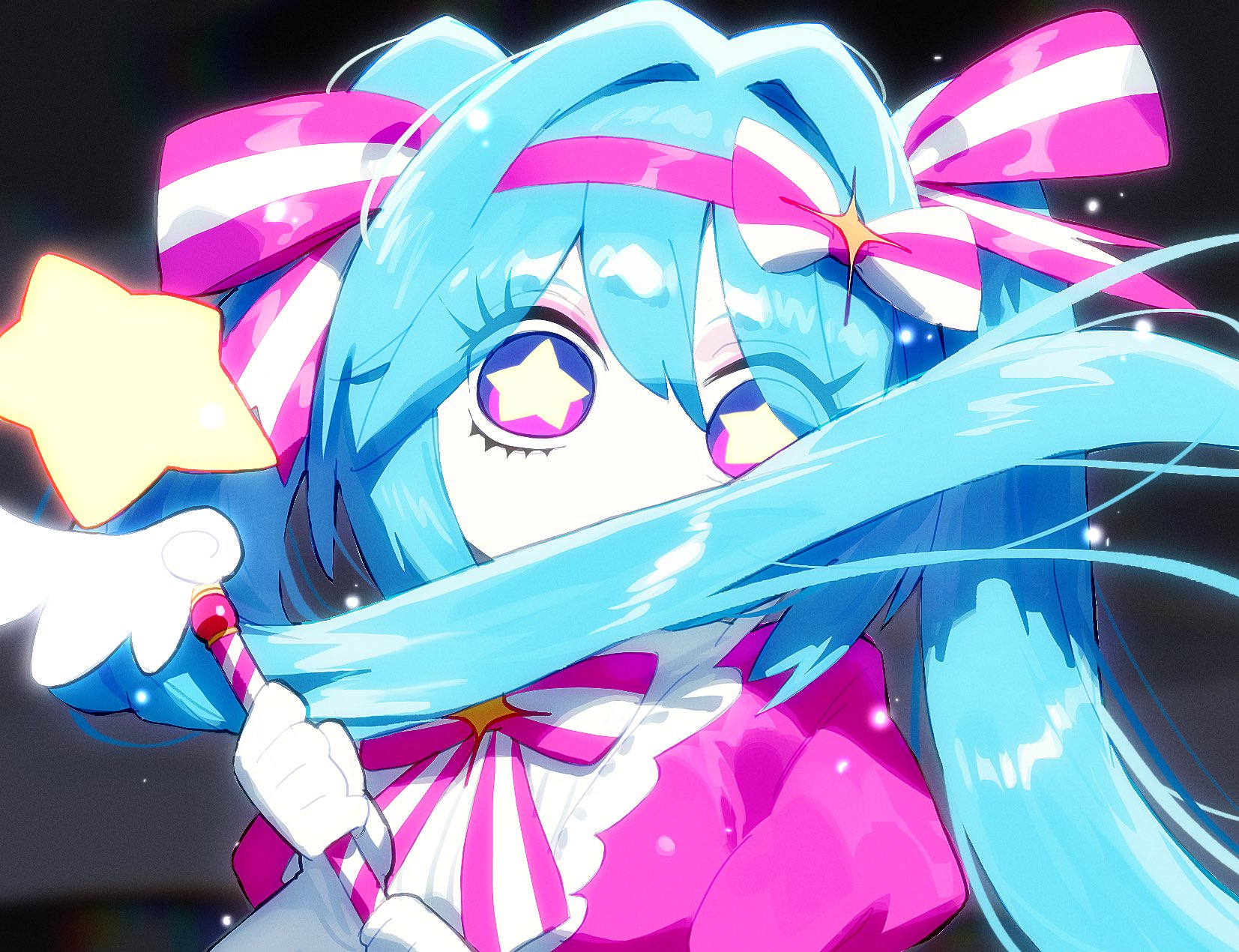 paobebebe, hatsune miku, vocaloid, highres, 1girl, black background, bow, bowtie, breasts, covered mouth, double-parted bangs, dress, eyelashes, hairband, holding, holding wand, ima sugu rinne (vocaloid), long hair, looking at viewer, pink bow, pink bowtie, pink dress, pink eyes, pink hairband, simple background, small breasts, solo, sparkle, star-shaped pupils, star (symbol), symbol-shaped pupils, twintails, two-handed, very long hair, wand, wide-eyed, wind