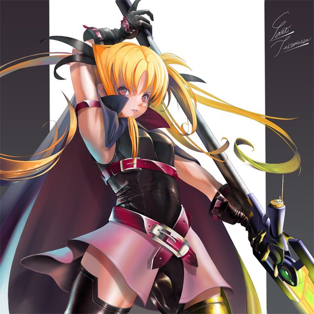 mifuji kiichi, bardiche (nanoha), bardiche (zanber form) (nanoha), fate testarossa, fate testarossa (lightning form), lyrical nanoha, mahou shoujo lyrical nanoha, 00s, 1girl, alternate weapon, blonde hair, female focus, red eyes, solo, thighhighs, thighs, weapon